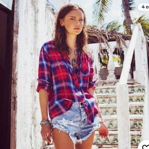 Rails Red White Blue Hunter Cobalt Cherry Plaid Flannel Shirt Size Size S/M